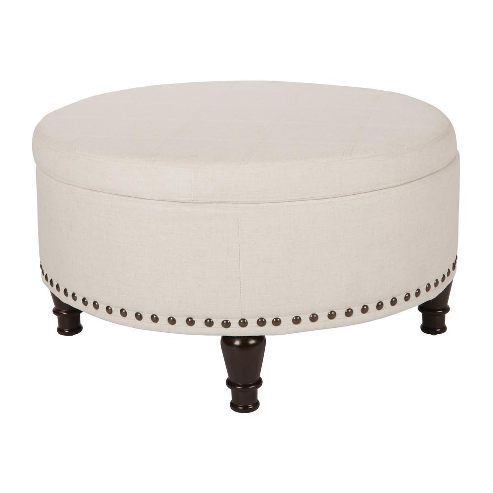 Augusta Round Storage Ottoman in Linen Fabric with decorative nailheads