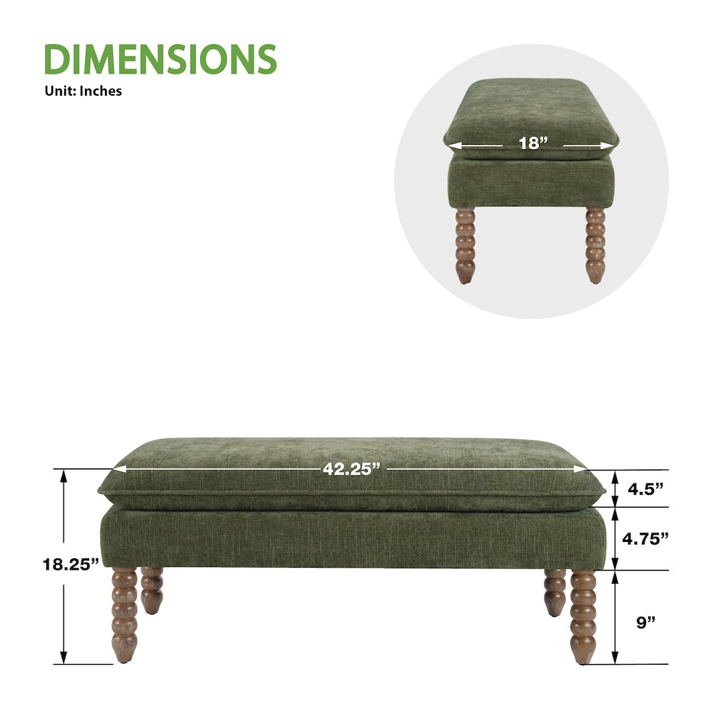 Pillow Top Bench in Bottle Green Fabric With Rustic Brown Finish Spindle Legs