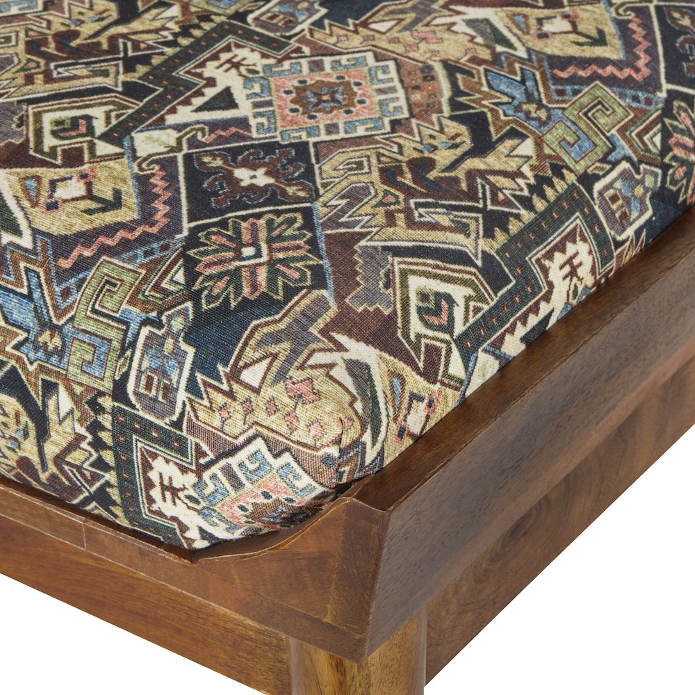 Bench with Printed Tapestry upholstery and Natural Woodgrain Finished legs