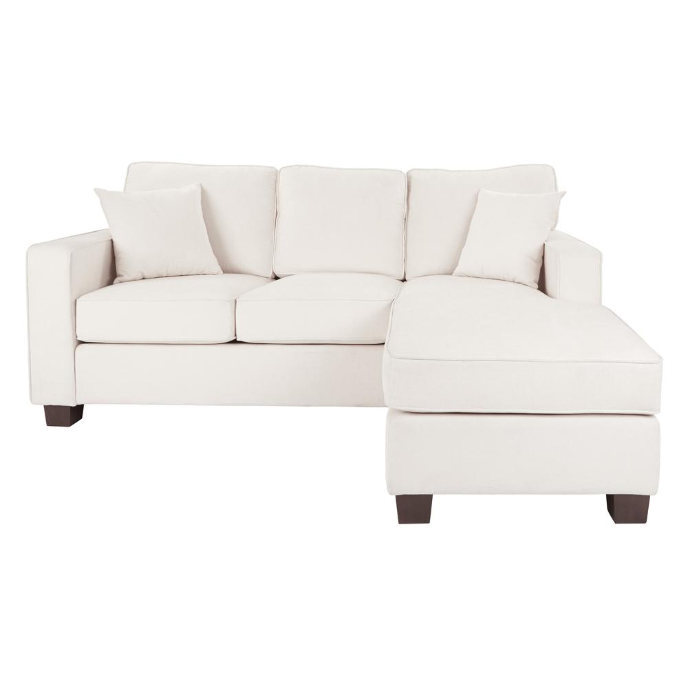 Russell Sectional in Ivory fabric with 2 Pillows and Coffee Finished Legs