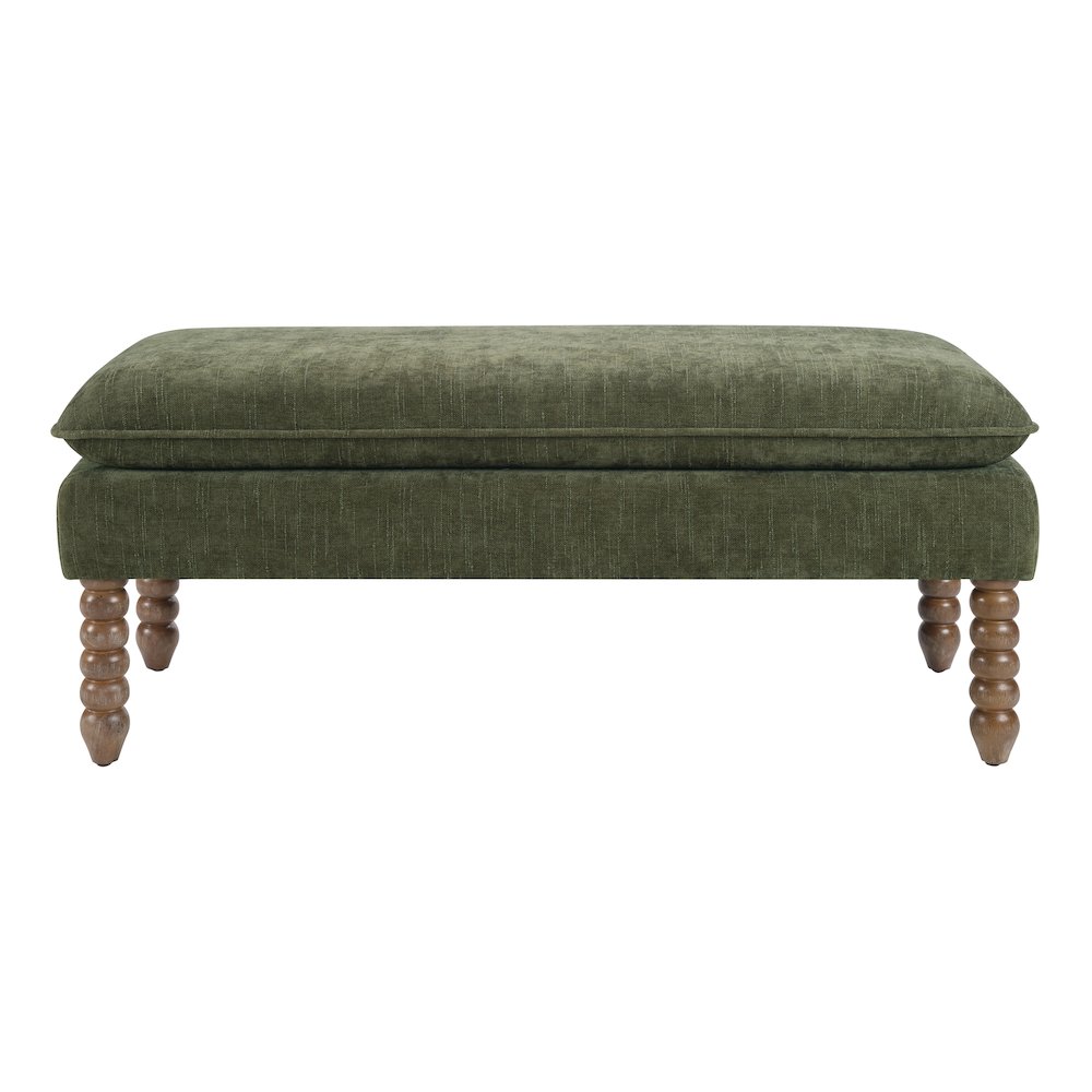 Pillow Top Bench in Bottle Green Fabric With Rustic Brown Finish Spindle Legs