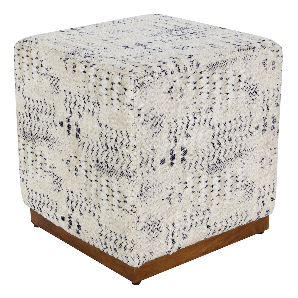 Square Ottoman upholstered in Woven Boho Style Tapestry with Wood Base