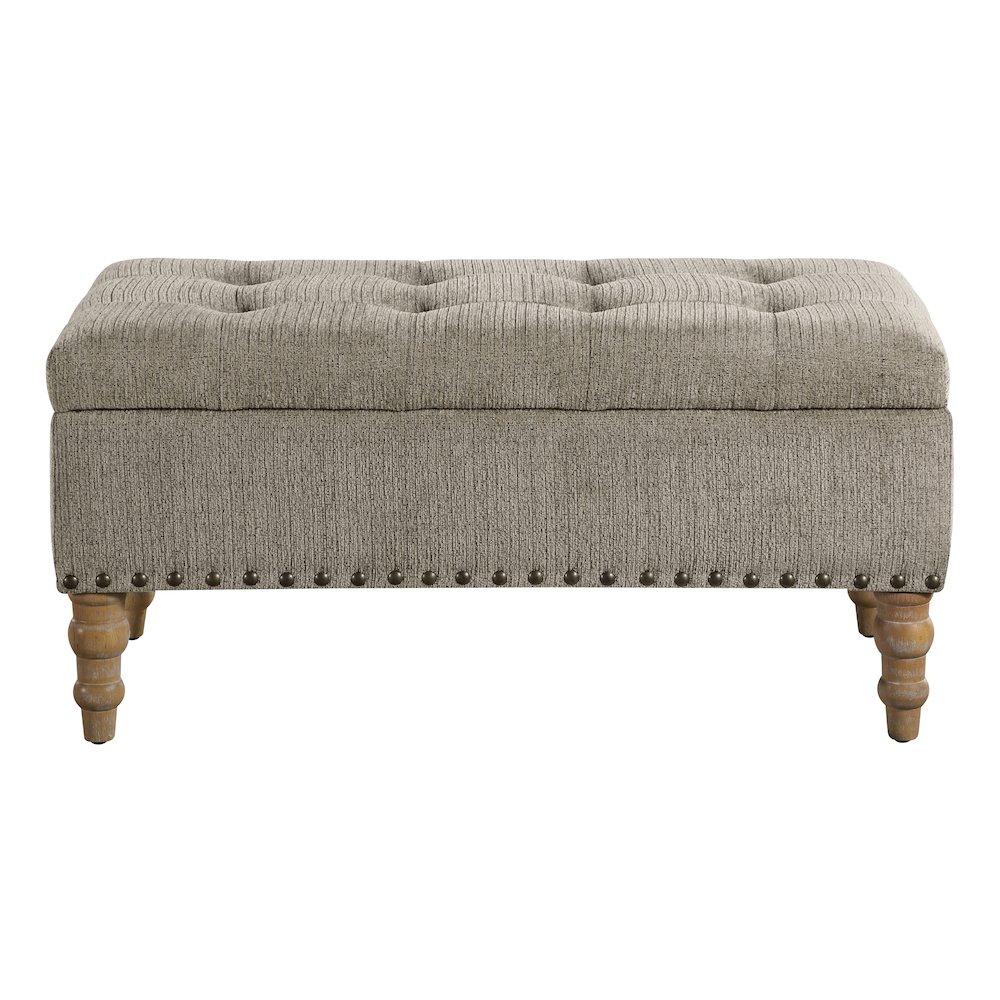 Woodbury Storage Bench In Taupe With Antique Bronze Nail Heads With Brushed Legs