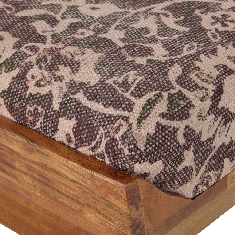 Bench with Upholstered Flower Printed Fabric and Natural Woodgrain Finished legs