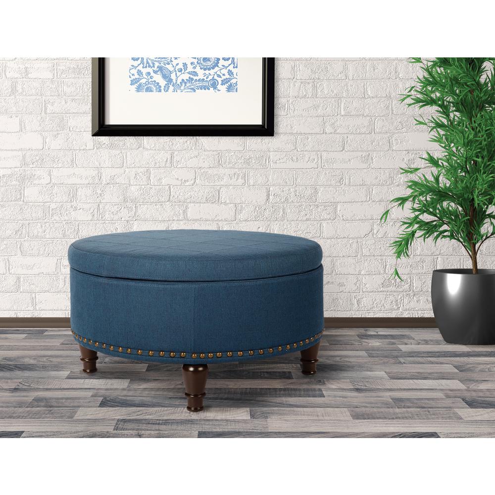 Augusta Round Storage Ottoman in Klein Azure Fabric  with decorative nailheads