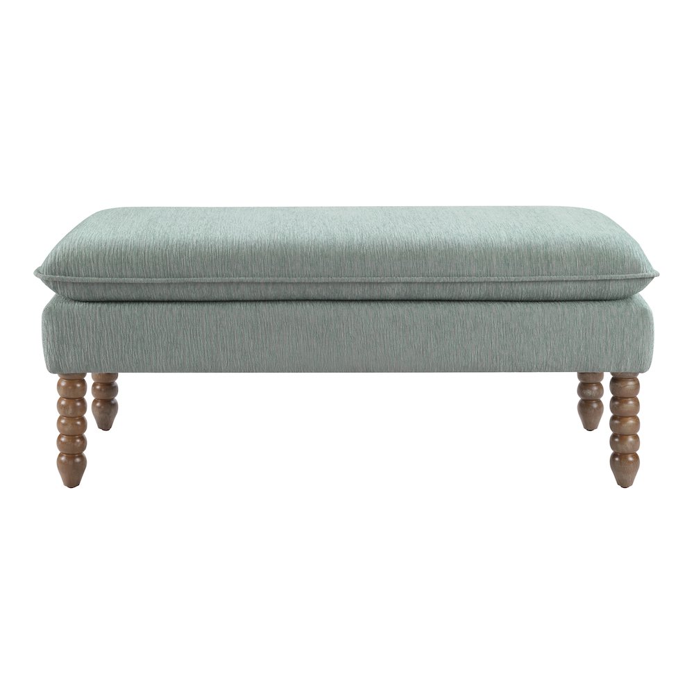 Selina Pillow Top Bench in Mist Fabric With Rustic Brown Finish Spindle Legs