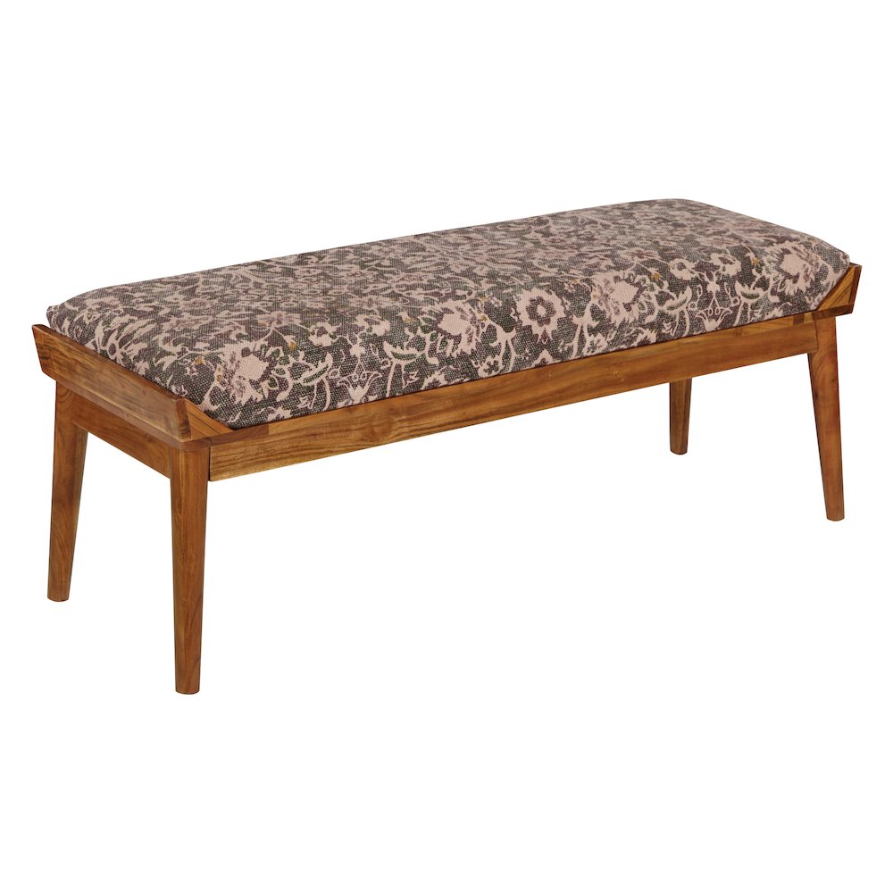 Bench with Upholstered Flower Printed Fabric and Natural Woodgrain Finished legs