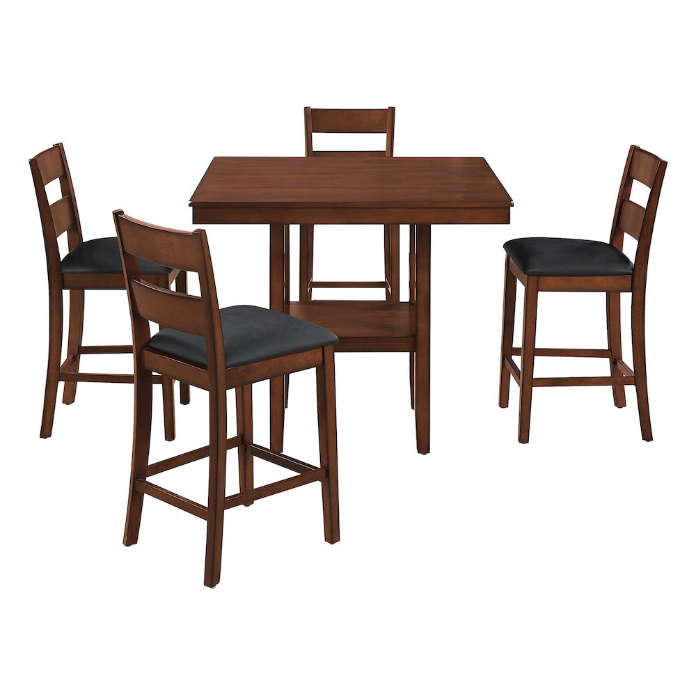 5-PC Counter Height Dining Set With Blue Vinyl Fabric and Walnut Wood Finish
