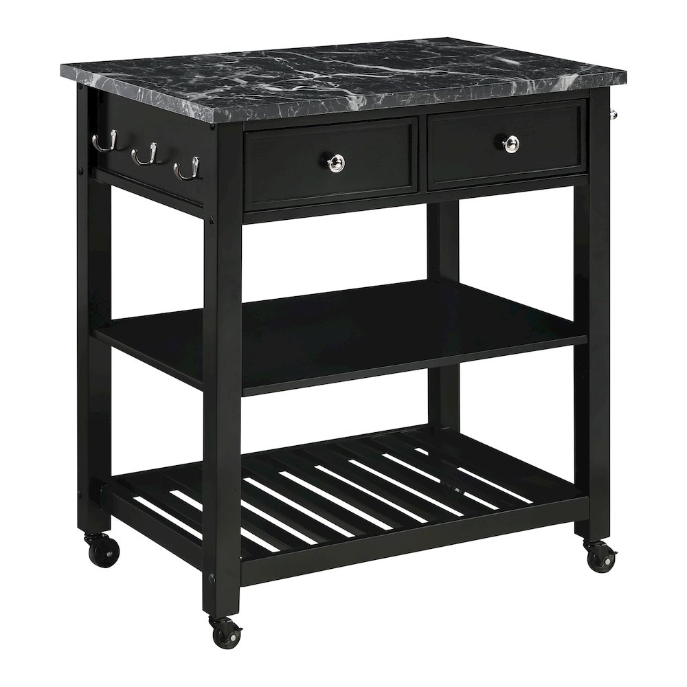 Litchfield Kitchen Cart With Faux Marble Top in Black Finish