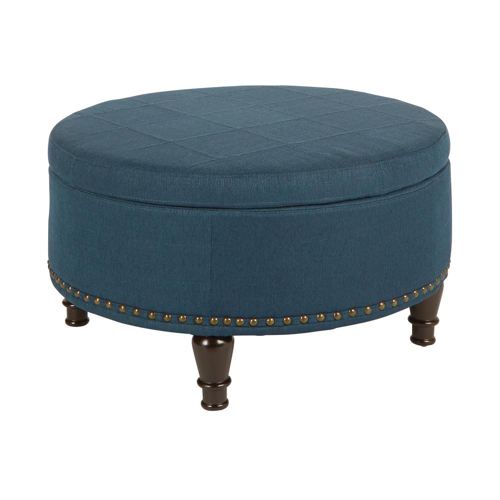 Augusta Round Storage Ottoman in Klein Azure Fabric  with decorative nailheads