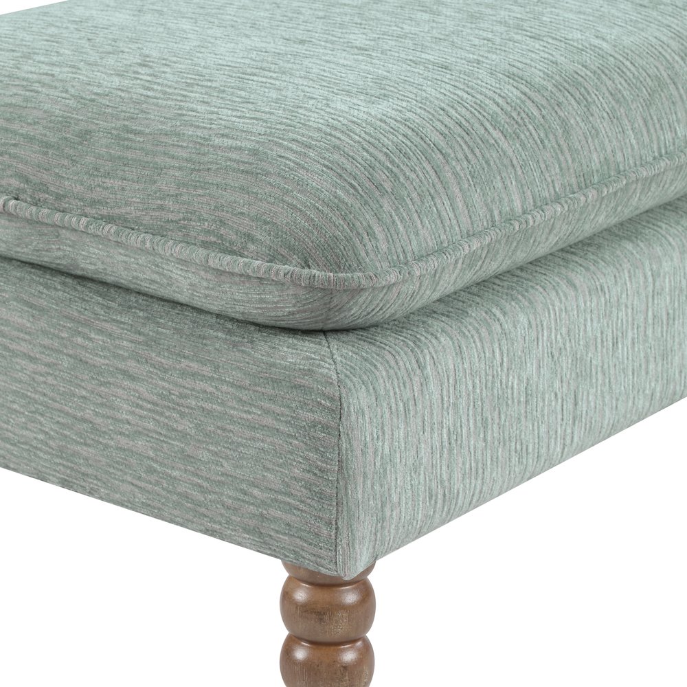 Selina Pillow Top Bench in Mist Fabric With Rustic Brown Finish Spindle Legs