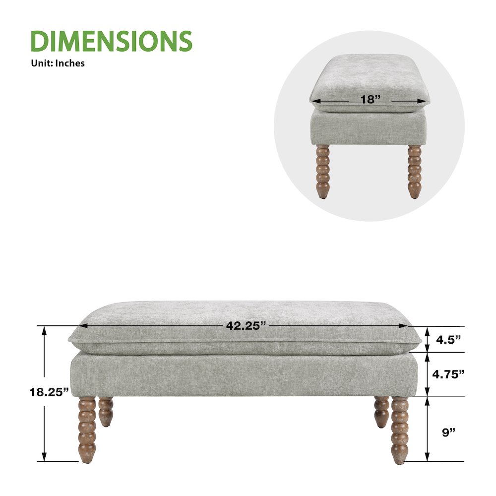 Selina Pillow Top Bench in Fog Fabric With Rustic Brown Finish Spindle Legs