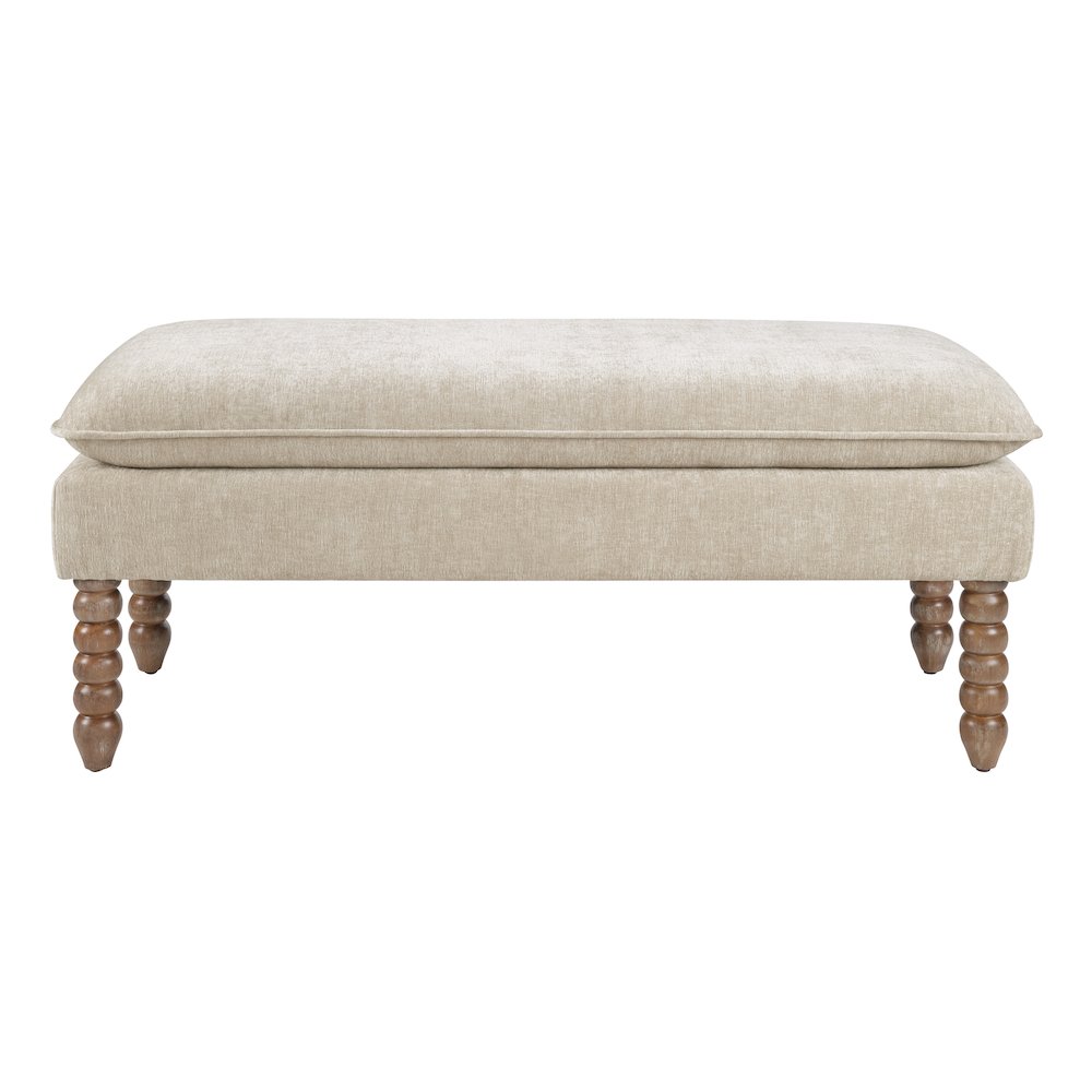 Selina Pillow Top Bench in Linen Fabric With Rustic Brown Finish Spindle Legs