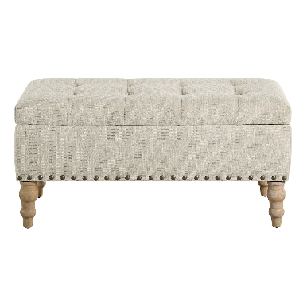 Woodbury Storage Bench In Linen With Antique Bronze Nail Heads With Brushed Legs