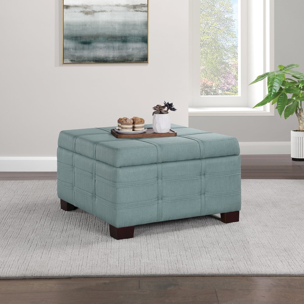 Detour Strap Square Storage Ottoman in Sea Blue Fabric