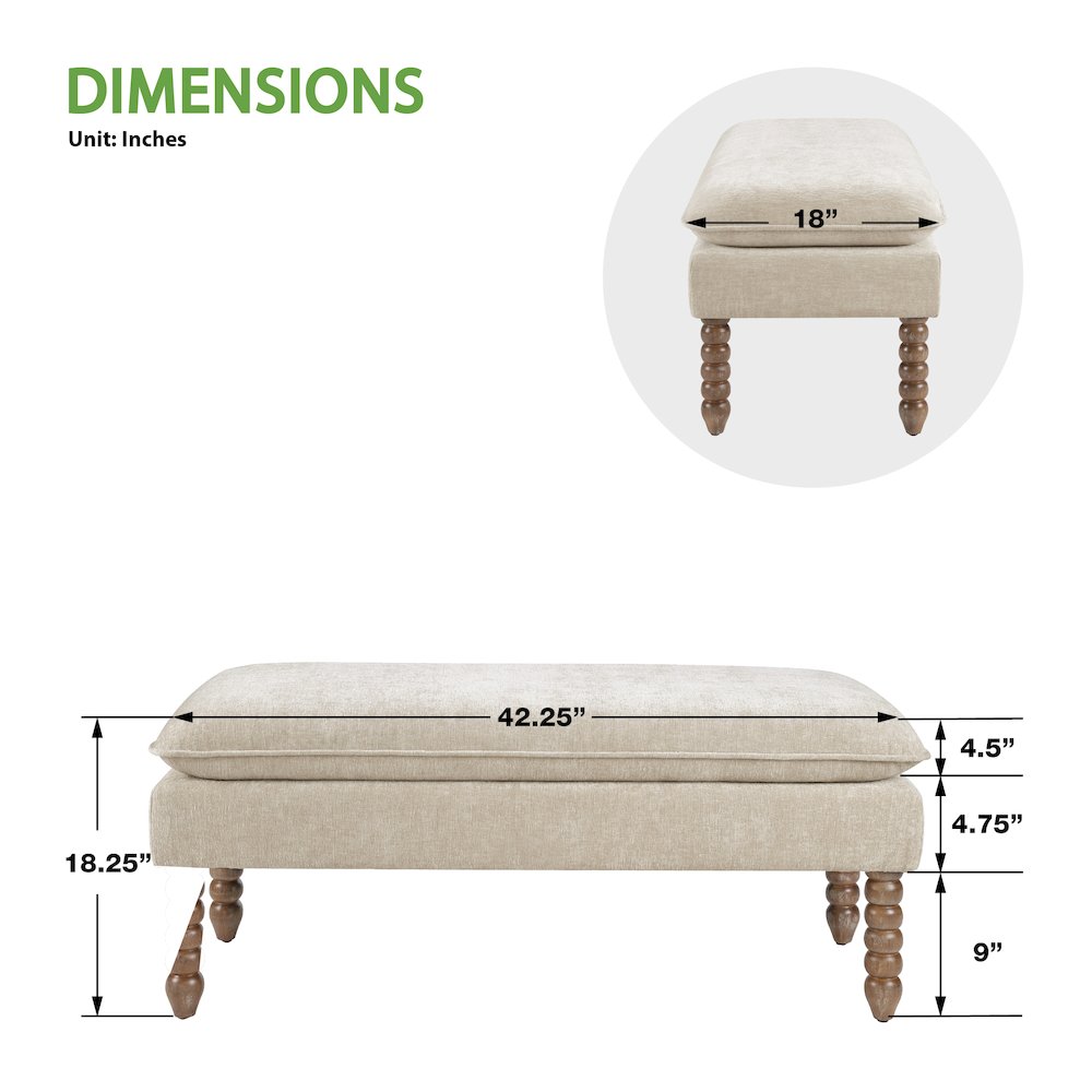 Selina Pillow Top Bench in Linen Fabric With Rustic Brown Finish Spindle Legs