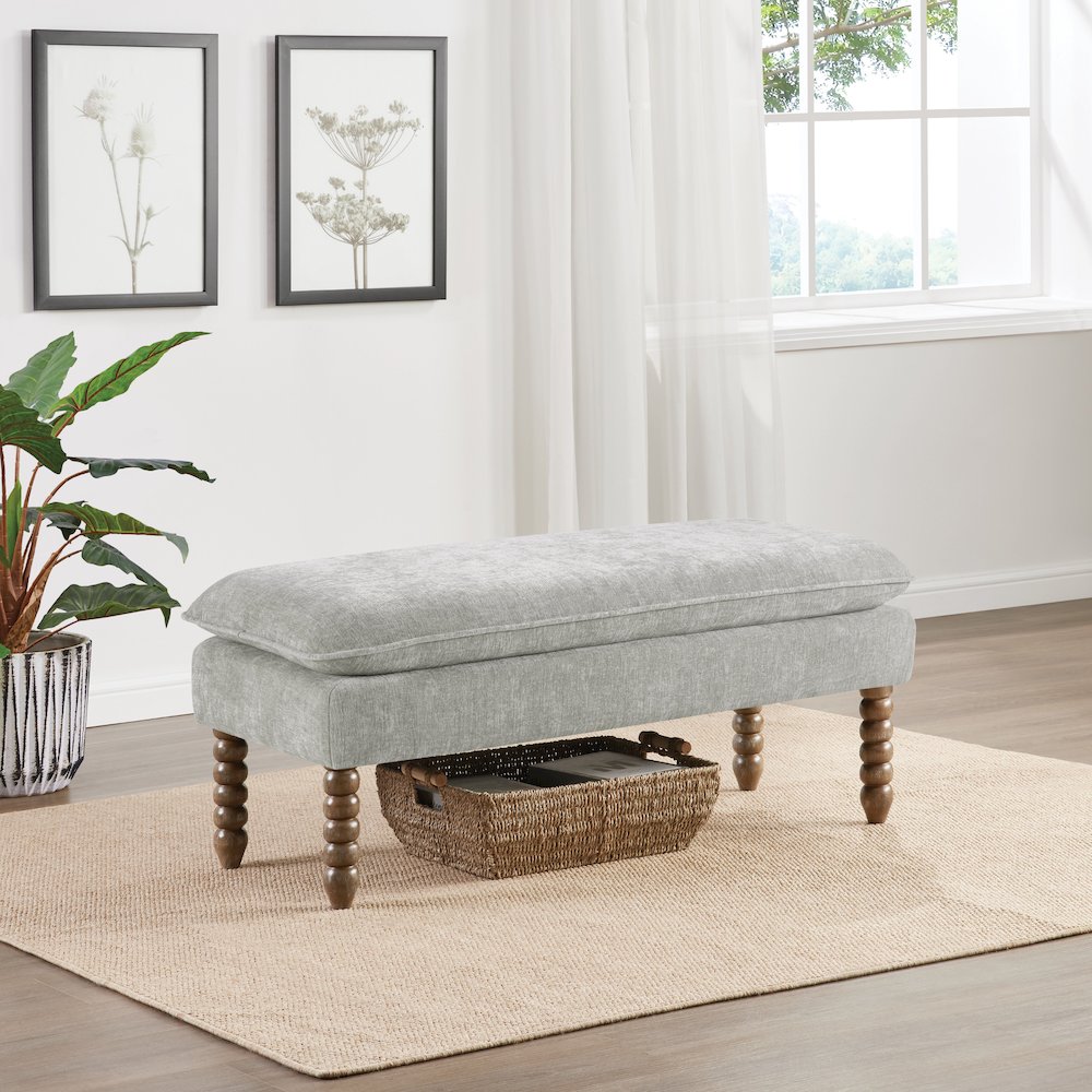Selina Pillow Top Bench in Fog Fabric With Rustic Brown Finish Spindle Legs