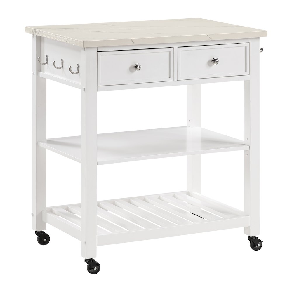 Litchfield Kitchen Cart With Faux Marble Top in White Finish