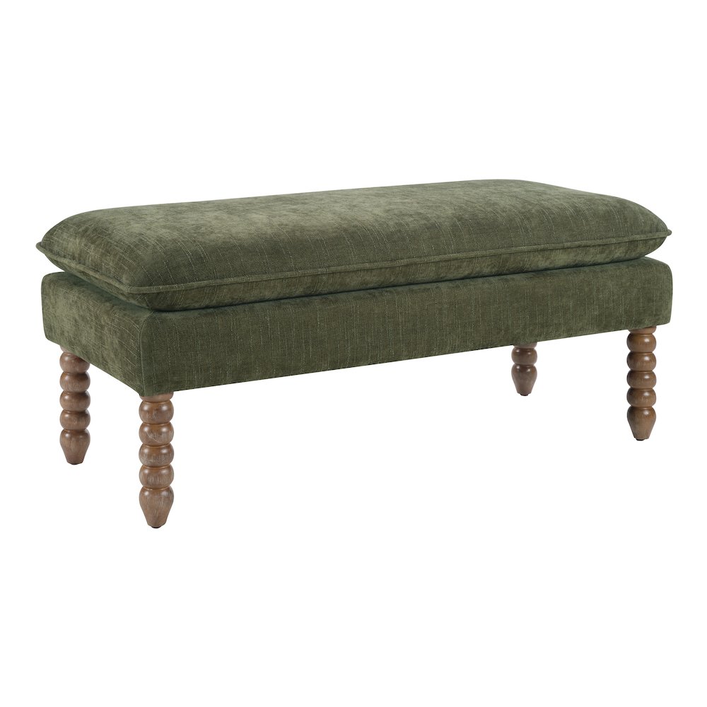 Pillow Top Bench in Bottle Green Fabric With Rustic Brown Finish Spindle Legs