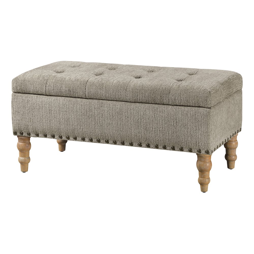 Woodbury Storage Bench In Taupe With Antique Bronze Nail Heads With Brushed Legs