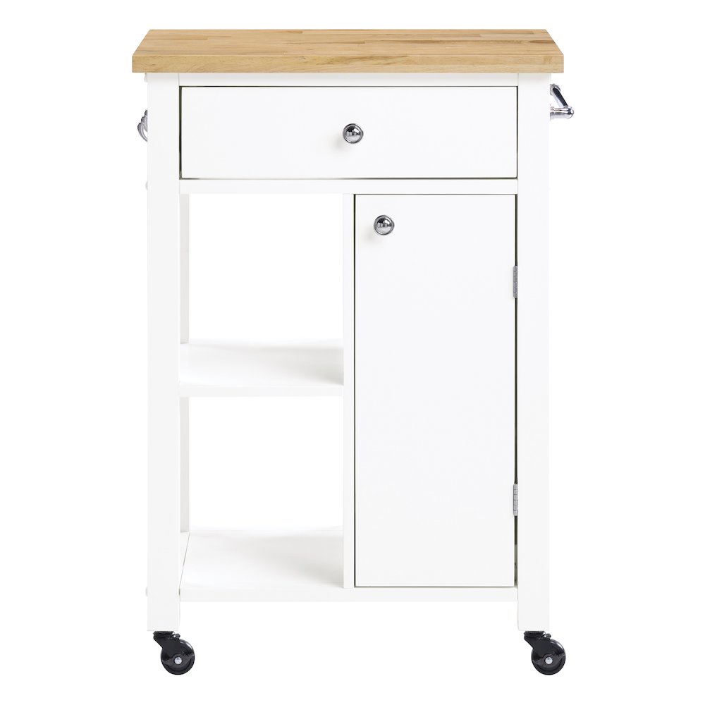 Derry Kitchen Cart with Natural Butcher Block Top With White Finish