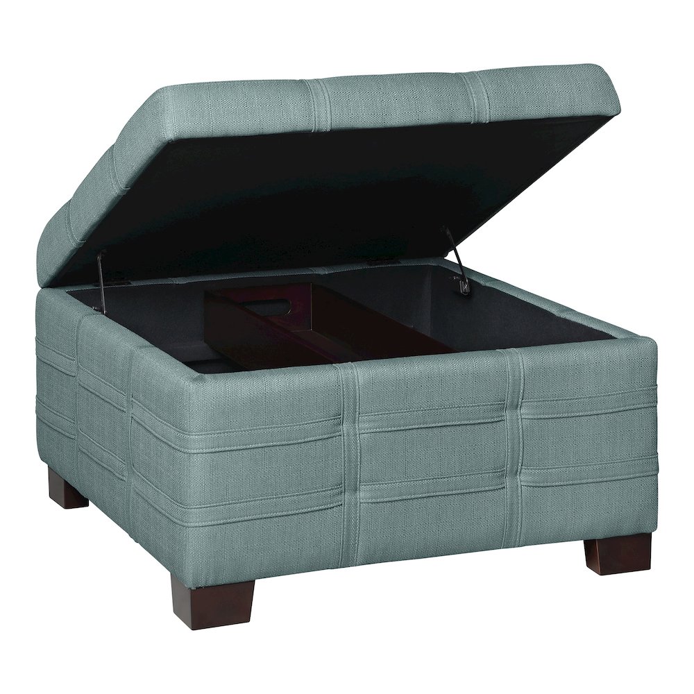 Detour Strap Square Storage Ottoman in Sea Blue Fabric
