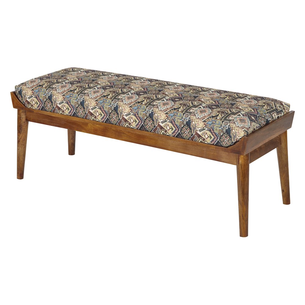 Bench with Printed Tapestry upholstery and Natural Woodgrain Finished legs
