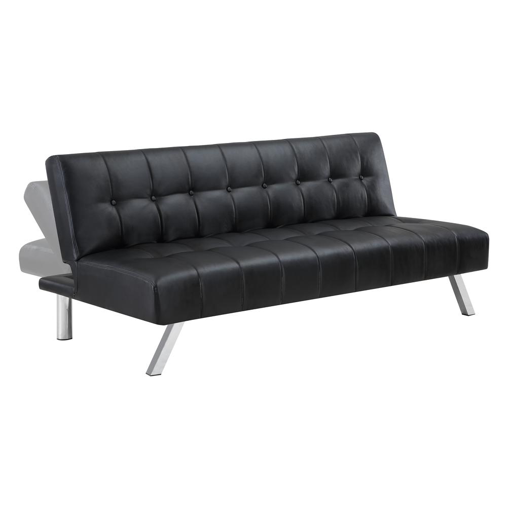 Sawyer Futon in Black Faux Leather with Stainless Steel Legs