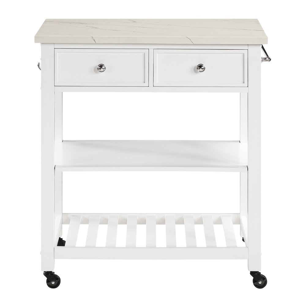 Litchfield Kitchen Cart With Faux Marble Top in White Finish
