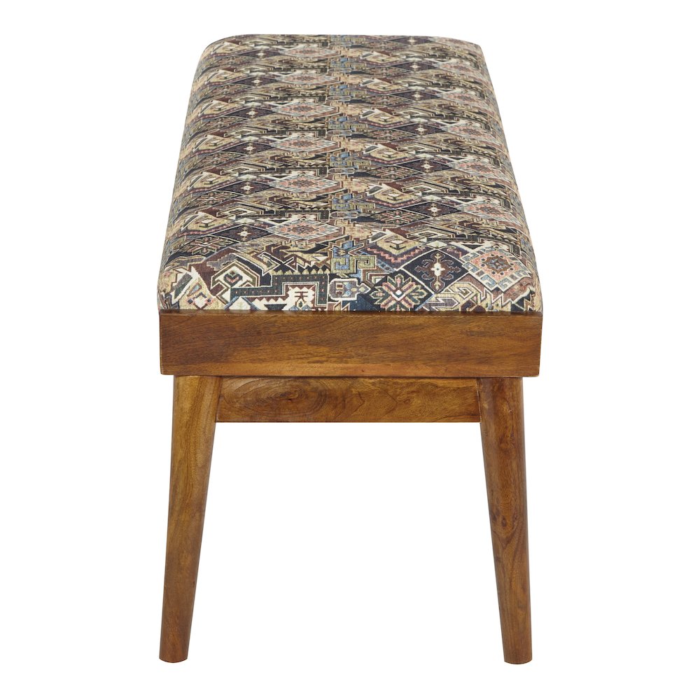 Bench with Printed Tapestry upholstery and Natural Woodgrain Finished legs