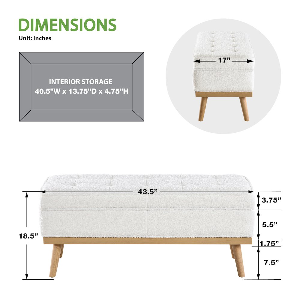 Katheryn Storage Bench in Ivory Sherpa Fabric with National Wood Legs