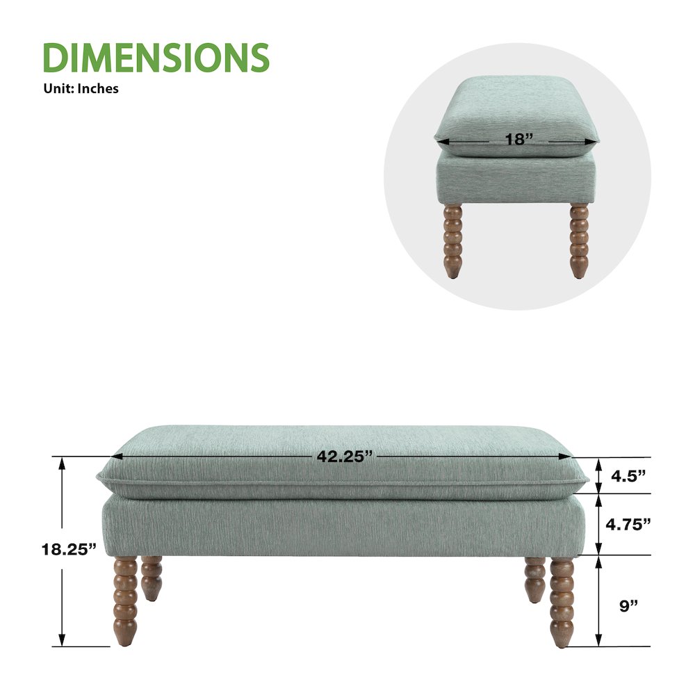 Selina Pillow Top Bench in Mist Fabric With Rustic Brown Finish Spindle Legs