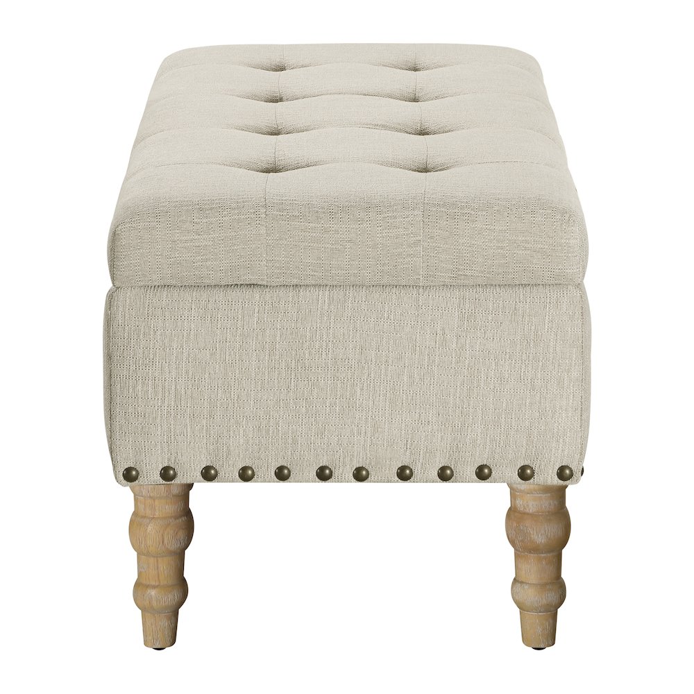Woodbury Storage Bench In Linen With Antique Bronze Nail Heads With Brushed Legs