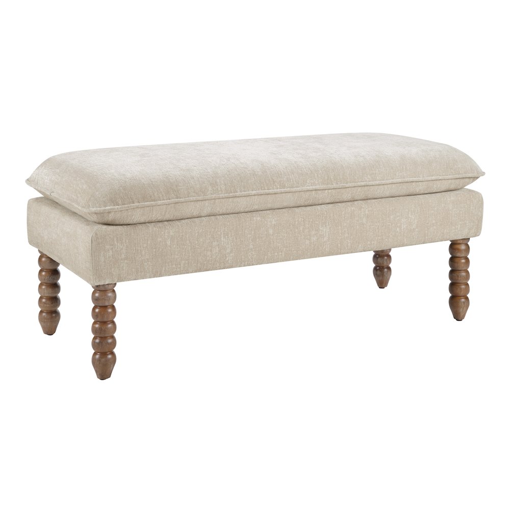 Selina Pillow Top Bench in Linen Fabric With Rustic Brown Finish Spindle Legs