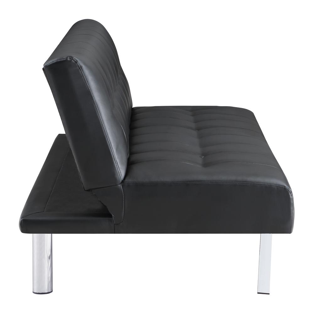 Sawyer Futon in Black Faux Leather with Stainless Steel Legs