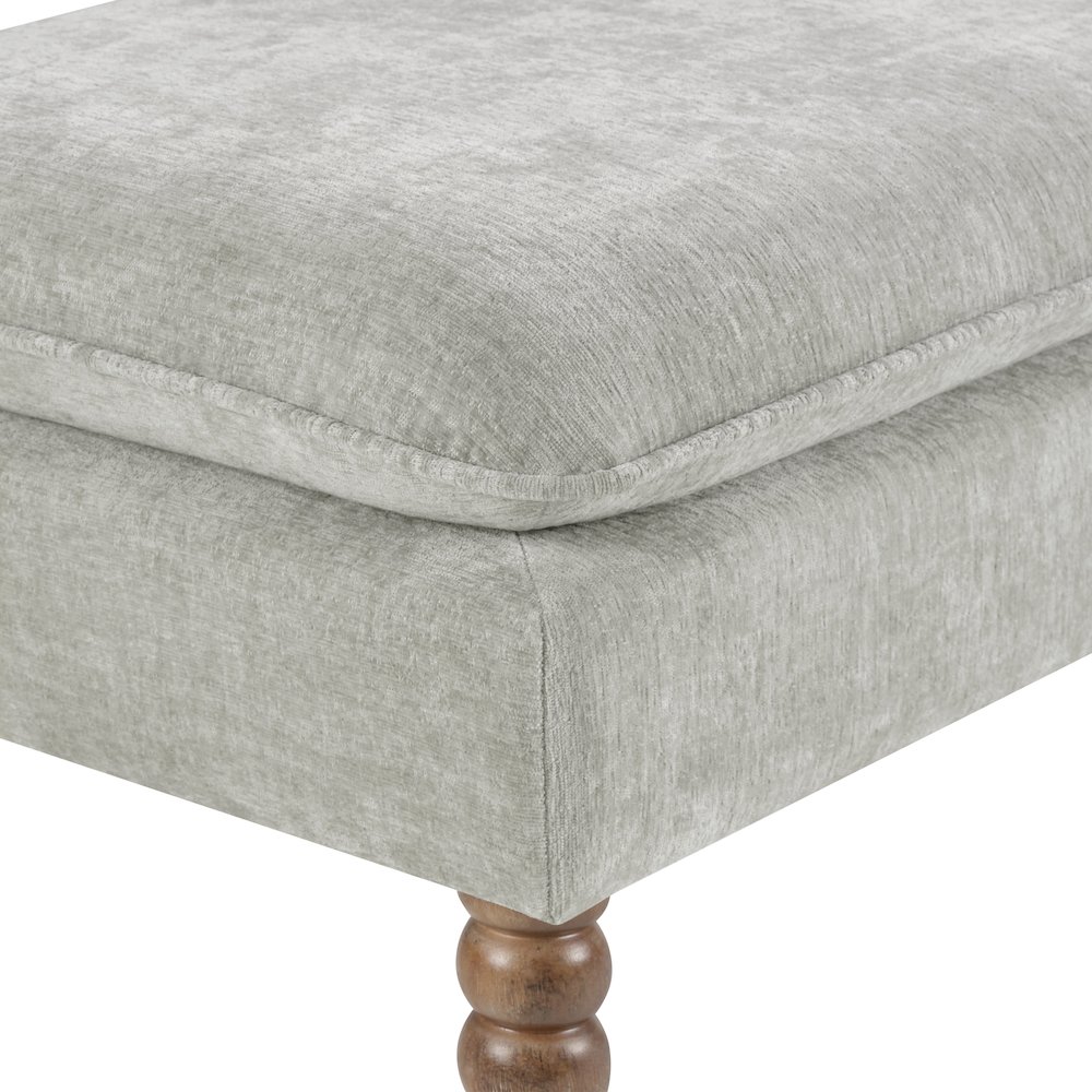 Selina Pillow Top Bench in Fog Fabric With Rustic Brown Finish Spindle Legs