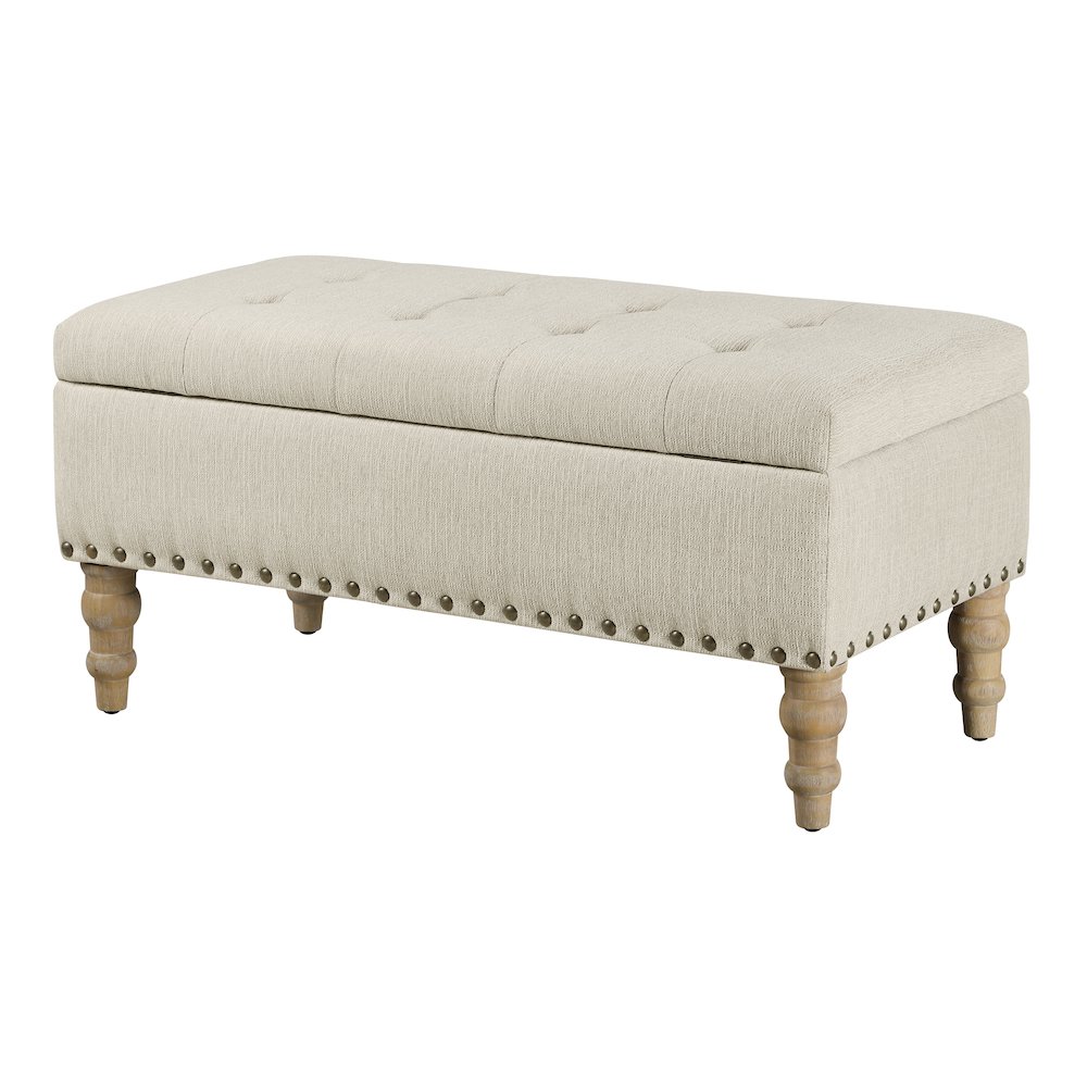 Woodbury Storage Bench In Linen With Antique Bronze Nail Heads With Brushed Legs