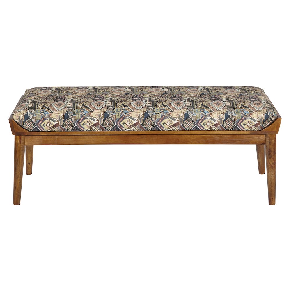 Bench with Printed Tapestry upholstery and Natural Woodgrain Finished legs