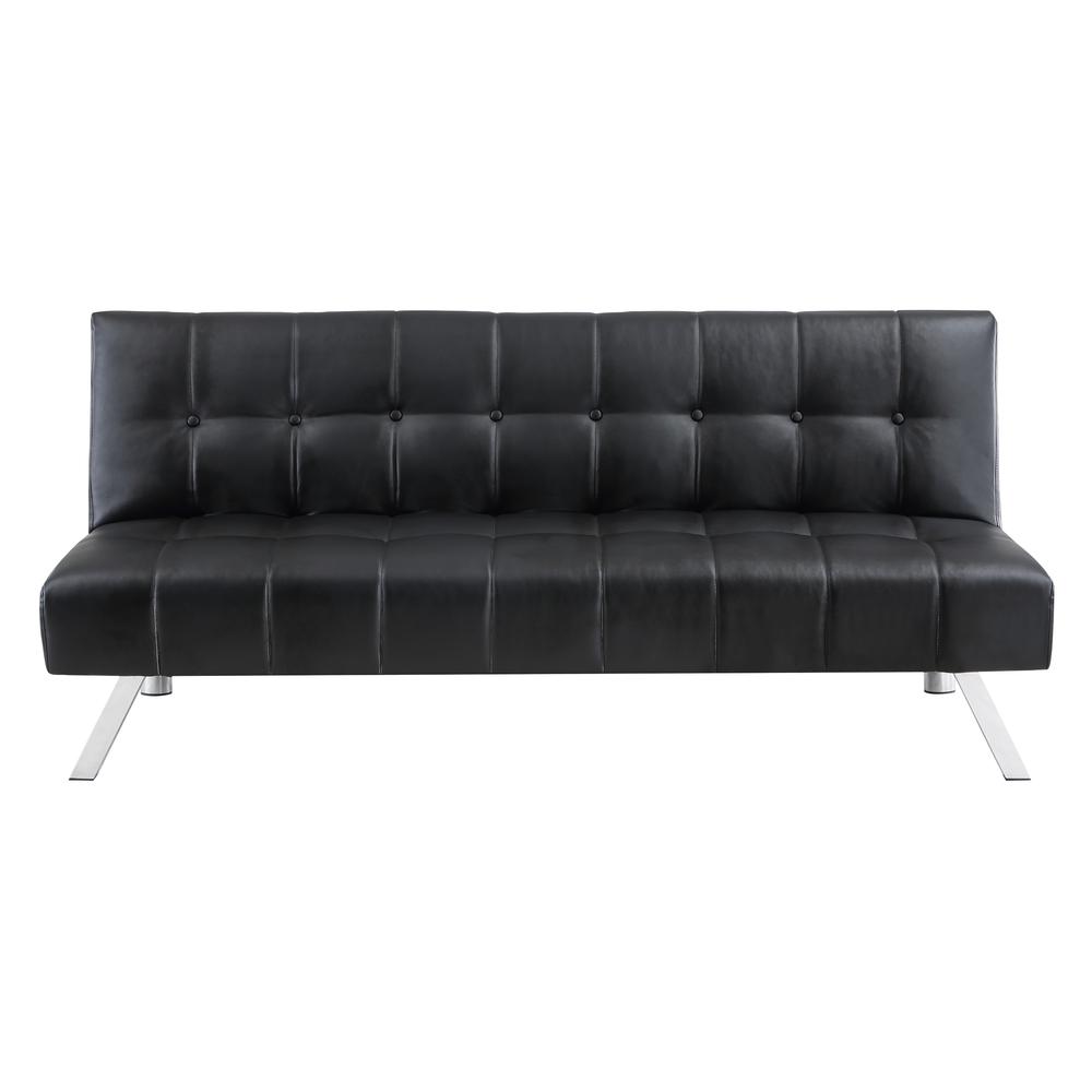 Sawyer Futon in Black Faux Leather with Stainless Steel Legs