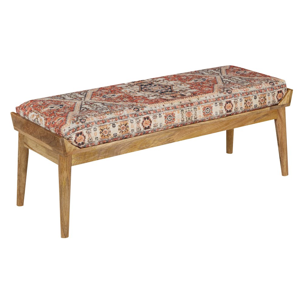 Bench with Printed Tapestry upholstery and Natural Woodgrain Finished legs