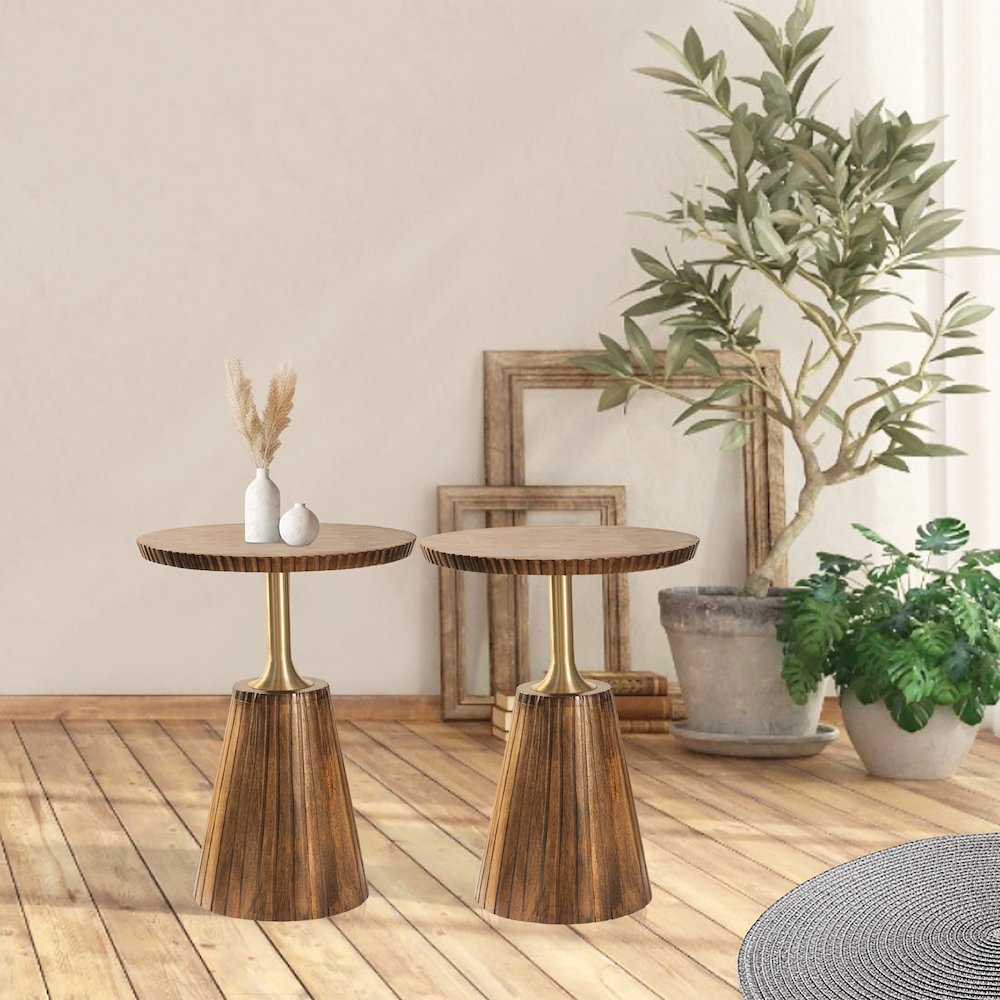 Round Side Table in Golden Honey Wood Top with Metal Base – 2 Pack