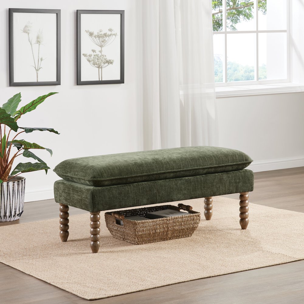 Pillow Top Bench in Bottle Green Fabric With Rustic Brown Finish Spindle Legs