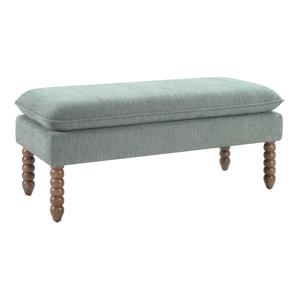 Selina Pillow Top Bench in Mist Fabric With Rustic Brown Finish Spindle Legs