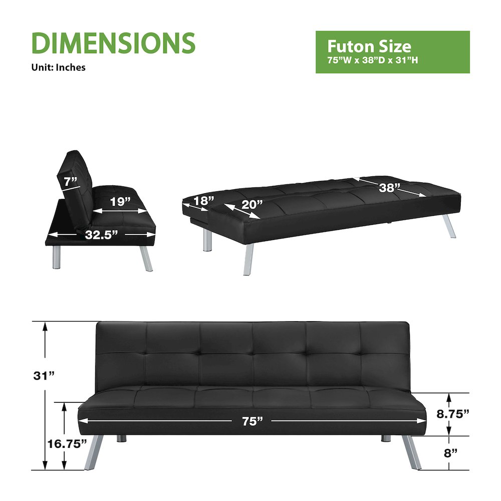 Kenneth Futon in Black Faux leather and Chrome Legs