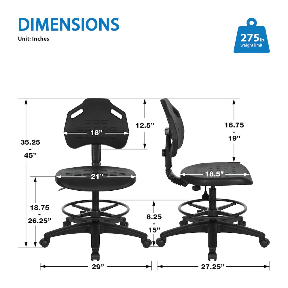 Black Skinned Urethane Intermediate Drafting Chair Adjustable Black Footrest