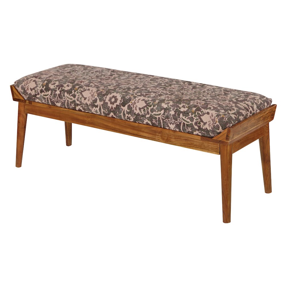 Bench with Upholstered Flower Printed Fabric and Natural Woodgrain Finished legs