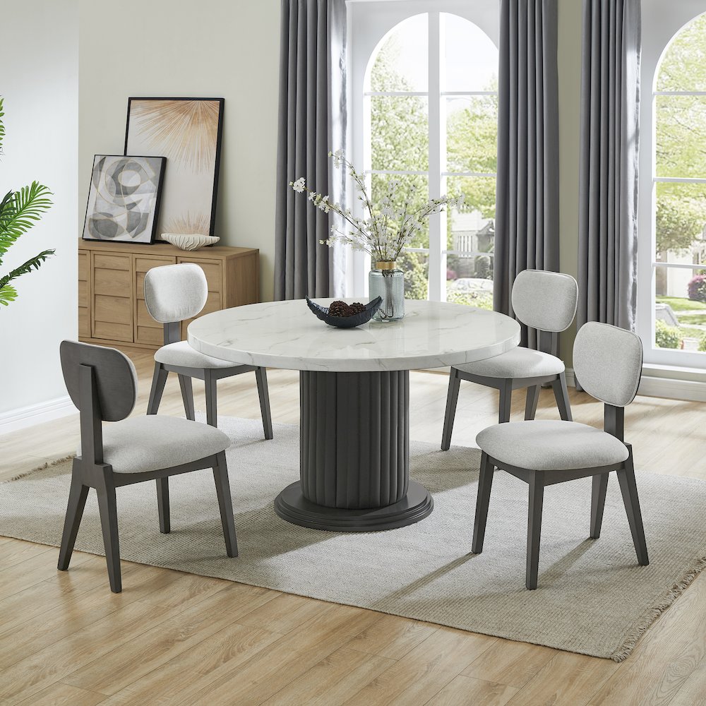 Valencia 5-Piece 54″ Round White Faux Marble Dining Set