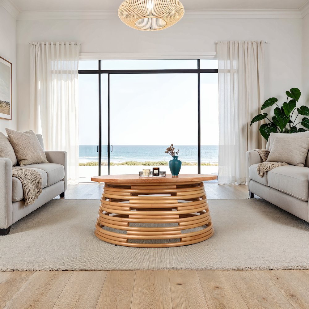 Zeke Rattan Coffee Table with Wood Top