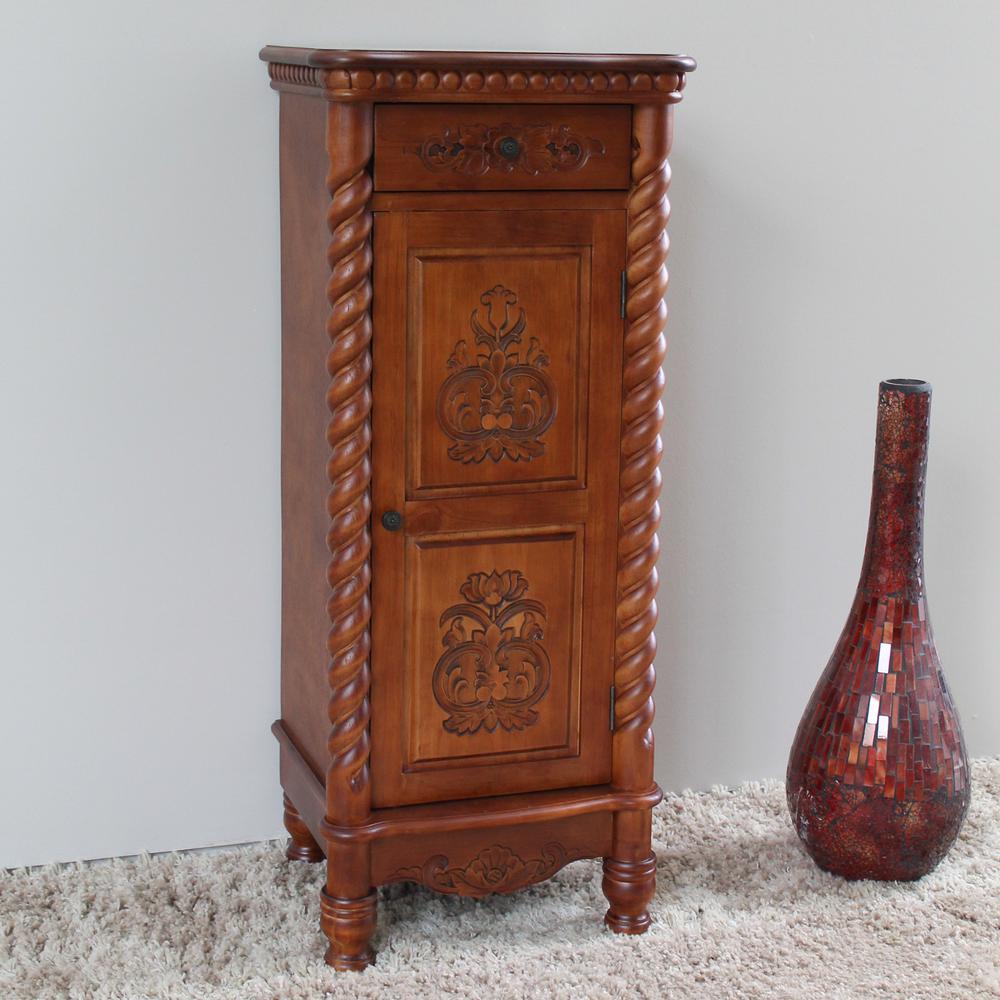 Carved Wood 1 Drawer/1 Door Tall Cabinet