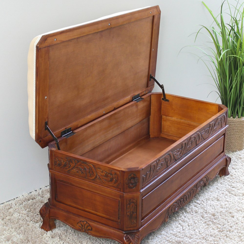 Carved Wood Trunk-Bench with Cushion Top